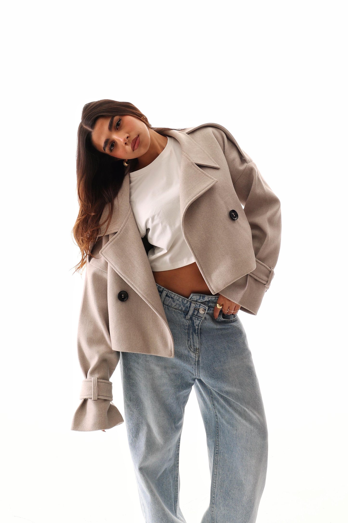Oversized Beige Cropped Coat