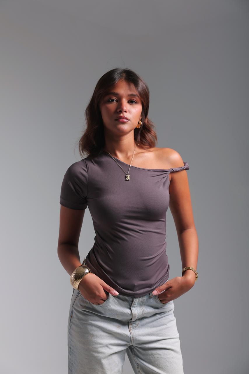 Twist Shoulder Top - Gray