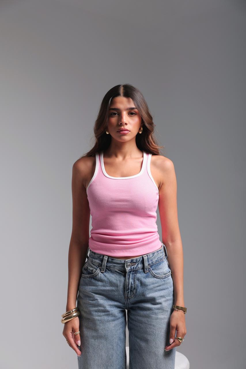 Ribbed Tank Top - Pink x White