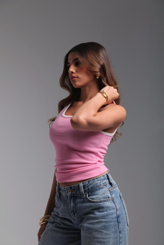 Ribbed Tank Top - Pink x White